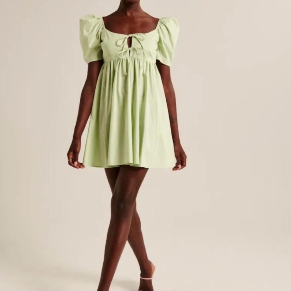 Abercrombie & Fitch Bow Detail Puff Sleeve Babydoll Mini Dress Green Size Large